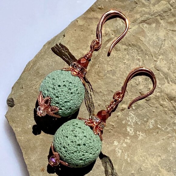 ❤️ Bright Copper With Sea Foam Lava Rock Earrings - Picture 2 of 14